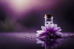 ein Flasche von Parfüm mit ein lila Blume auf oben. KI-generiert foto
