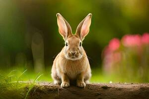 ein Hase Sitzung auf ein Log im das Gras. KI-generiert foto