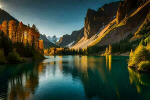 das Berge sind reflektiert im das Wasser. KI-generiert foto