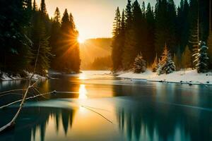 das Sonne ist Rahmen Über ein Fluss im das Winter. KI-generiert foto