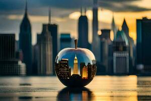 ein Apfel mit ein Stadt Horizont reflektiert im Es. KI-generiert foto