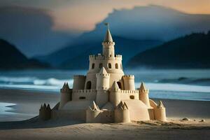 ein Sand Schloss auf das Strand beim Sonnenuntergang. KI-generiert foto