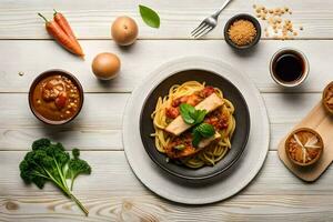 Spaghetti mit Fleisch, Gemüse und Eier auf ein hölzern Tisch. KI-generiert foto