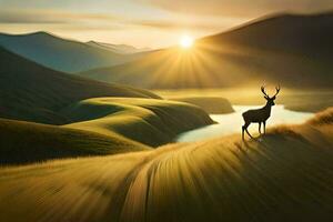ein Hirsch steht auf ein Hügel mit Blick auf ein See. KI-generiert foto