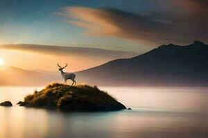 ein Hirsch steht auf ein Felsen im das Mitte von ein See beim Sonnenuntergang. KI-generiert foto