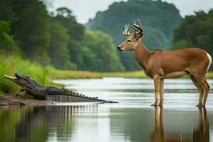 ein Hirsch und ein Alligator im das Wasser. KI-generiert foto