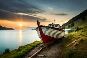 ein Boot sitzt auf das Spuren beim Sonnenuntergang. KI-generiert foto