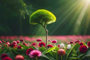 ein Baum im ein Feld von Blumen. KI-generiert foto