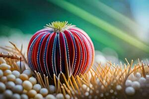 ein rot und Weiß gestreift Obst auf oben von ein Bündel von Weiß Blumen. KI-generiert foto