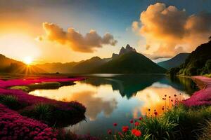 ein schön Sonnenuntergang Über ein See mit Blumen. KI-generiert foto