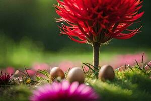 ein rot Blume ist Sitzung auf oben von ein Grün grasig Feld. KI-generiert foto