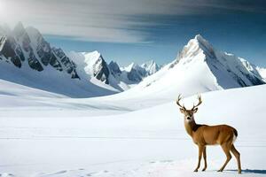 ein Hirsch steht im das Schnee im Vorderseite von Berge. KI-generiert foto