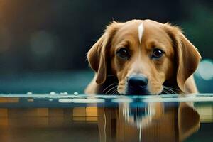 ein Hund ist suchen beim das Kamera während Stehen auf ein Wasser Oberfläche. KI-generiert foto