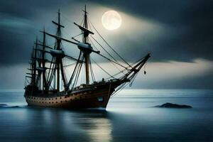 ein Segeln Schiff im das Ozean beim Nacht. KI-generiert foto