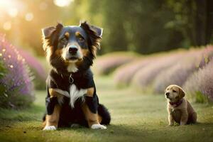 ein Hund und ein Hündchen Sitzung im das Gras. KI-generiert foto