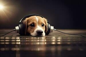 ein Hund tragen Kopfhörer auf ein dunkel Boden. KI-generiert foto
