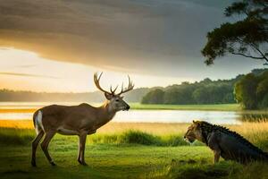 ein Löwe und ein Hirsch sind Stehen im das Gras. KI-generiert foto