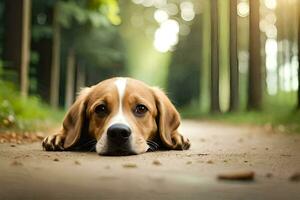 ein Hund Verlegung auf das Boden im das Wald. KI-generiert foto