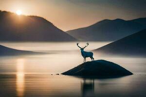 ein Hirsch steht auf ein Felsen im das Mitte von ein See beim Sonnenaufgang. KI-generiert foto