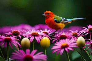 ein bunt Vogel sitzt auf oben von etwas lila Blumen. KI-generiert foto