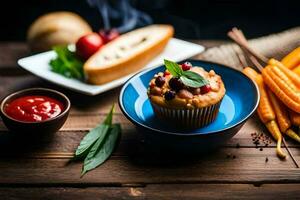 ein Cupcake mit Möhren und ein Schüssel von Soße. KI-generiert foto