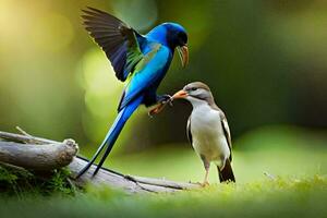 ein Blau Vogel und ein Weiß Vogel Stehen auf ein Ast. KI-generiert foto