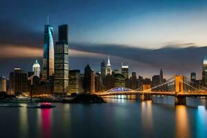das Stadt Horizont beim Nacht mit das Brooklyn Brücke im das Vordergrund. KI-generiert foto