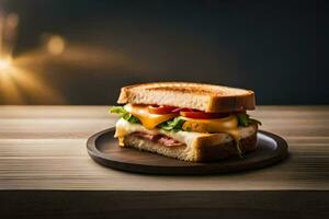 ein Sandwich mit Käse, Schinken und Tomaten auf ein hölzern Platte. KI-generiert foto