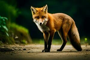 ein rot Fuchs ist Stehen auf ein Schmutz Straße. KI-generiert foto