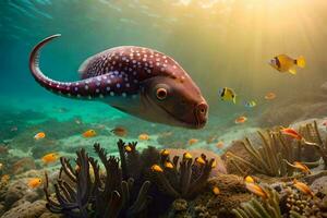 ein Fisch Schwimmen Über Koralle Riffe mit hell Sonnenlicht. KI-generiert foto