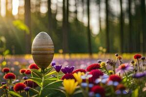 ein hölzern Ei ist Sitzung im ein Feld von Blumen. KI-generiert foto