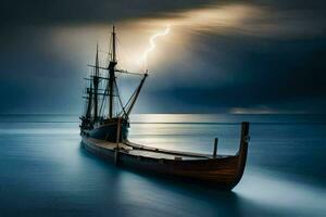 ein Boot im das Ozean mit Blitz Kommen von das Himmel. KI-generiert foto