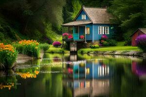 ein klein Haus sitzt auf das Seite von ein Teich. KI-generiert foto