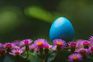 ein Blau Ei im ein Feld von Rosa Blumen. KI-generiert foto