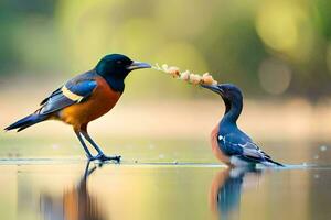 zwei Vögel Stehen auf das Wasser mit Essen im ihr Schnäbel. KI-generiert foto