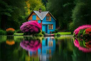 ein bunt Haus sitzt auf das Kante von ein See. KI-generiert foto