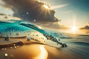 das Sonne ist leuchtenden auf ein Strand mit Wasser spritzen. KI-generiert foto