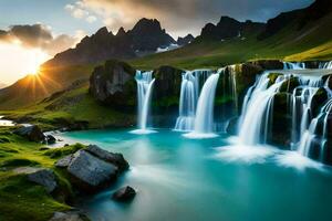 das Sonne steigt an Über ein Wasserfall im das Berge. KI-generiert foto