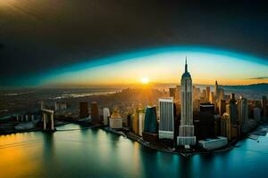 das Sonne steigt an Über das Stadt Horizont. KI-generiert foto