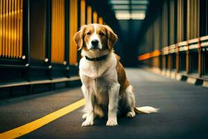 ein Hund Sitzung auf das Fußboden im ein Tunnel. KI-generiert foto