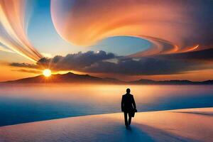 ein Mann Gehen im das Wüste beim Sonnenuntergang. KI-generiert foto