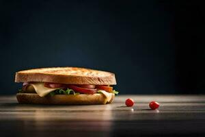 ein Sandwich mit Käse, Tomaten und Grüner Salat auf ein hölzern Tisch. KI-generiert foto