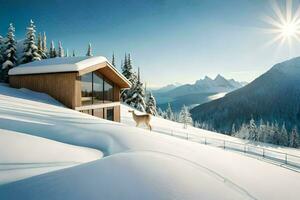 ein Haus sitzt auf oben von ein schneebedeckt Berg. KI-generiert foto