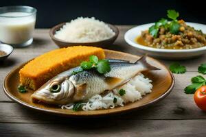 ein Fisch mit Reis und Gemüse auf ein hölzern Tisch. KI-generiert foto