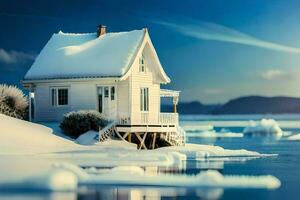 ein klein Weiß Haus sitzt auf oben von ein Eisberg. KI-generiert foto