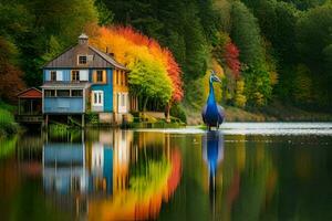 bunt Haus auf das Wasser mit ein Blau Vogel. KI-generiert foto