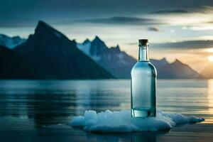 ein Flasche von Wasser sitzt auf ein Eisberg im das Mitte von das Ozean. KI-generiert foto