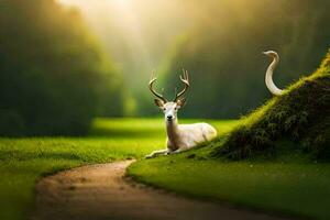 Foto Hintergrund das Sonne, Natur, Reh, Vogel, das Wald, das Reh, das Vogel. KI-generiert