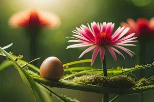 ein Rosa Blume und ein Ei auf ein Grün Pflanze. KI-generiert foto