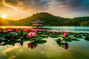 das Lotus Teich beim Sonnenuntergang. KI-generiert foto